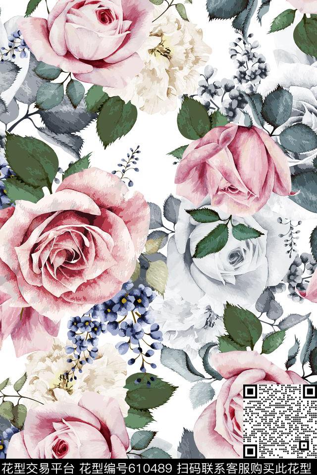 清爽玫瑰花朵数码印花华亿平台下载（图片编号: 610489） - 瓦栏（Walan）
