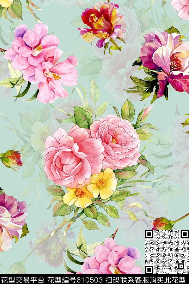 水彩花卉时尚流行数码印花华亿平台下载（图片编号: 610503） - 瓦栏（Walan）