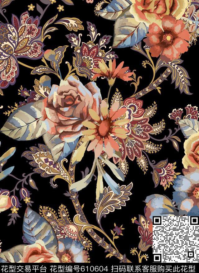 兰花花朵花卉传统印花华亿平台下载（图片编号: 610604） - 瓦栏（Walan）