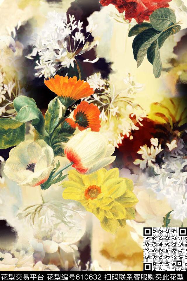 花朵花卉油画数码印花华亿平台下载（图片编号: 610632） - 瓦栏（Walan）
