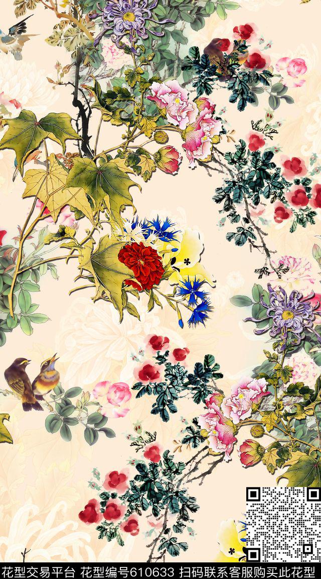 中国风复古花卉数码印花华亿平台下载（图片编号: 610633） - 瓦栏（Walan）