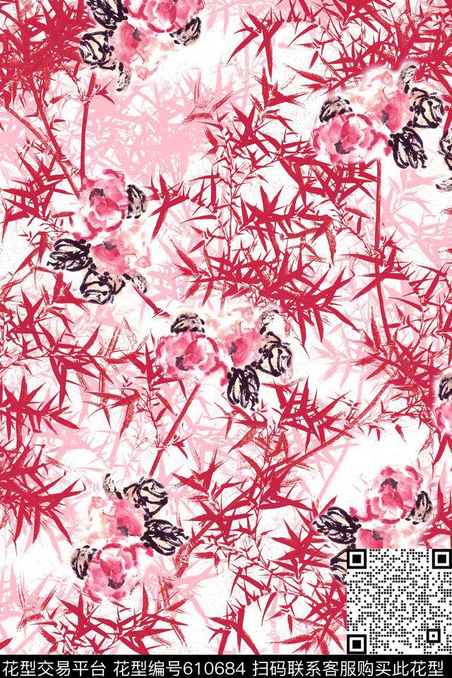 竹子玫瑰花卉数码印花华亿平台下载（图片编号: 610684） - 瓦栏（Walan）