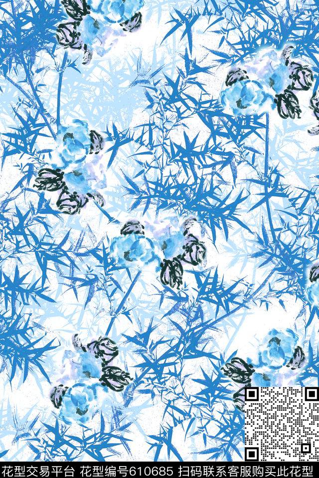 竹子玫瑰花卉数码印花华亿平台下载（图片编号: 610685） - 瓦栏（Walan）
