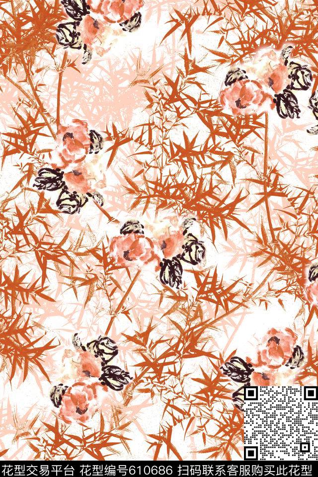 竹子玫瑰花卉数码印花华亿平台下载（图片编号: 610686） - 瓦栏（Walan）