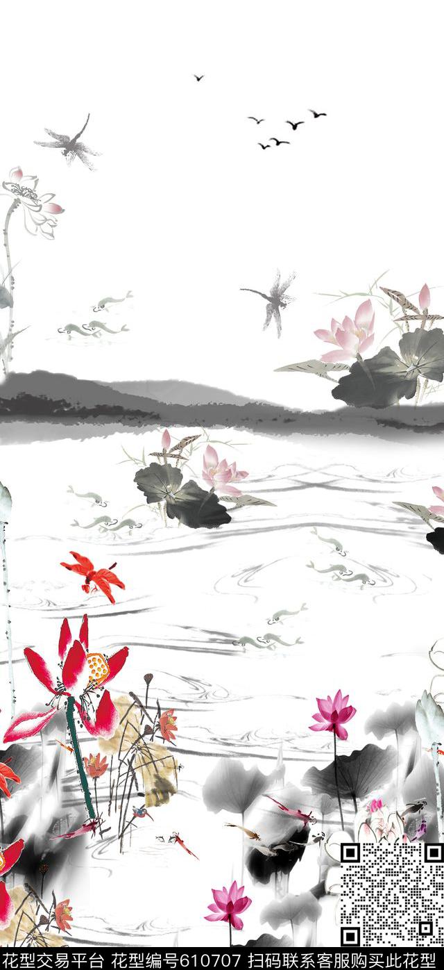 手绘荷塘水墨山水画中国风旗袍数码印花华亿平台下载（图片编号: 610707） - 瓦栏（Walan）
