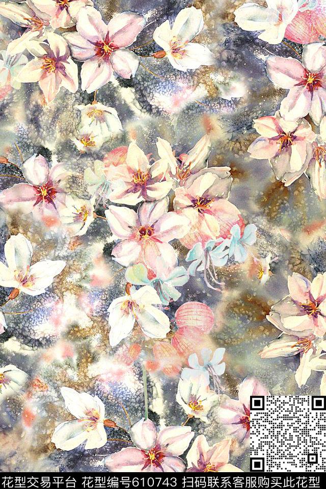 时尚女装花卉印花中国风手绘花卉数码印花华亿平台下载（图片编号: 610743） - 瓦栏（Walan）