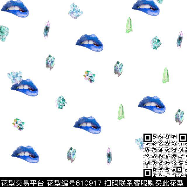 时尚水墨画宝石红唇数码印花华亿平台下载（图片编号: 610917） - 瓦栏（Walan）
