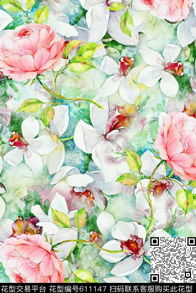 时尚女装印花抽象纹理印花手绘花卉数码印花华亿平台下载（图片编号: 611147） - 瓦栏（Walan）