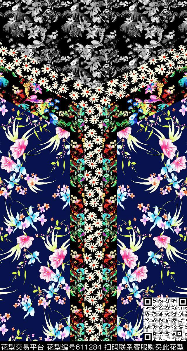 条纹定位花花卉数码印花华亿平台下载（图片编号: 611284） - 瓦栏（Walan）