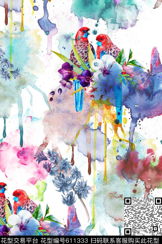 抽象水墨花朵数码印花华亿平台下载（图片编号: 611333） - 瓦栏（Walan）