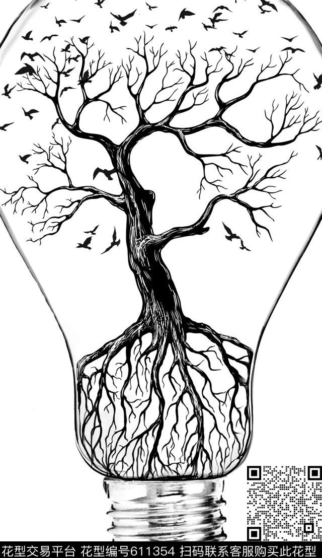 电灯灯泡。树环保传统印花华亿平台下载（图片编号: 611354） - 瓦栏（Walan）