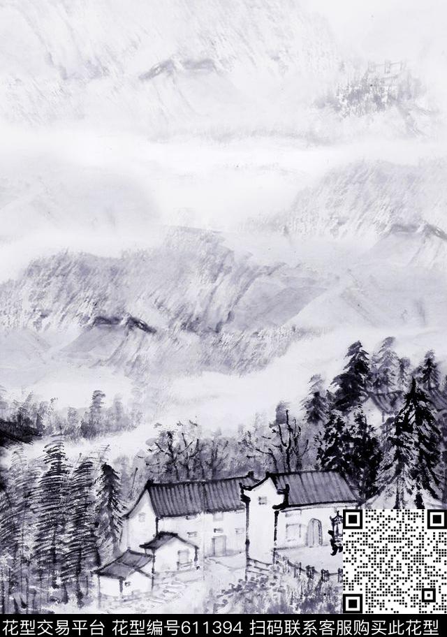 羽绒服水墨中国风数码印花华亿平台下载（图片编号: 611394） - 瓦栏（Walan）