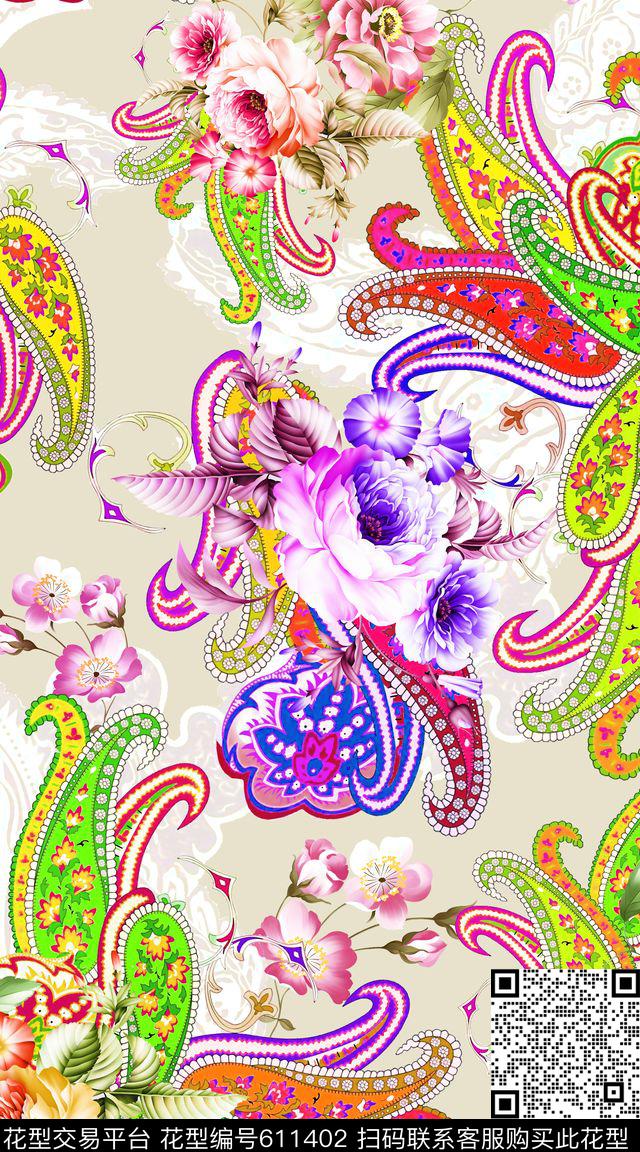佩斯利喷绘花卉数码印花华亿平台下载（图片编号: 611402） - 瓦栏（Walan）