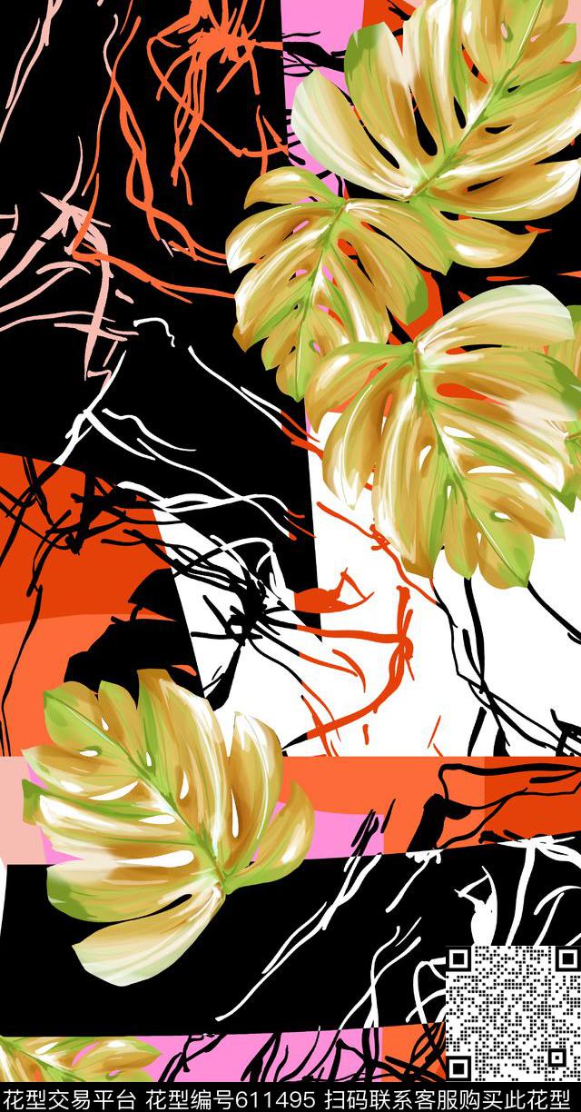 数码花树叶几何拼凑白底数码印花华亿平台下载（图片编号: 611495） - 瓦栏（Walan）