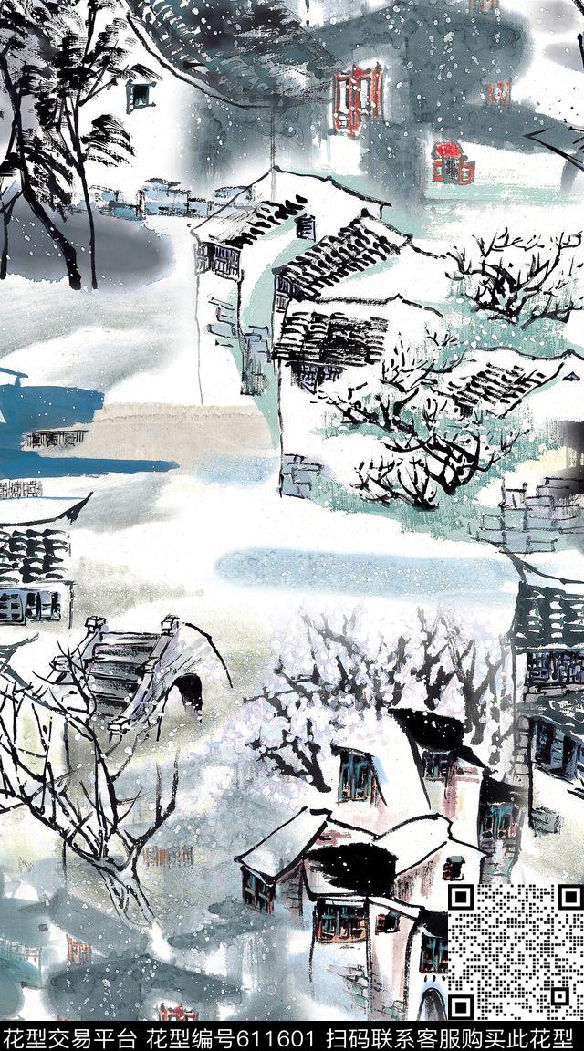 建筑水墨中国风数码印花华亿平台下载（图片编号: 611601） - 瓦栏（Walan）