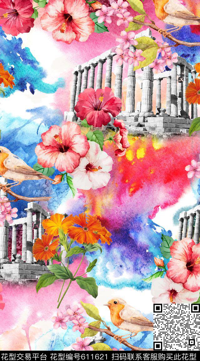 水墨花朵花卉数码印花华亿平台下载（图片编号: 611621） - 瓦栏（Walan）