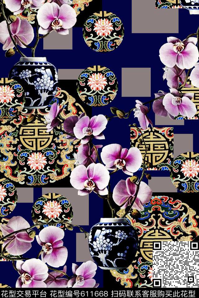 花卉元素手绘花朵传统中国元素数码印花华亿平台下载（图片编号: 611668） - 瓦栏（Walan）