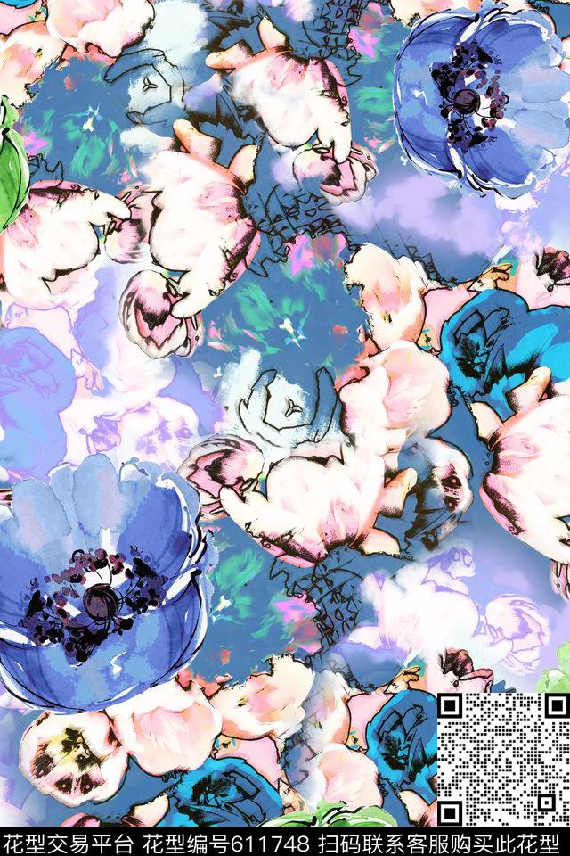 女装花卉抽象数码印花华亿平台下载（图片编号: 611748） - 瓦栏（Walan）