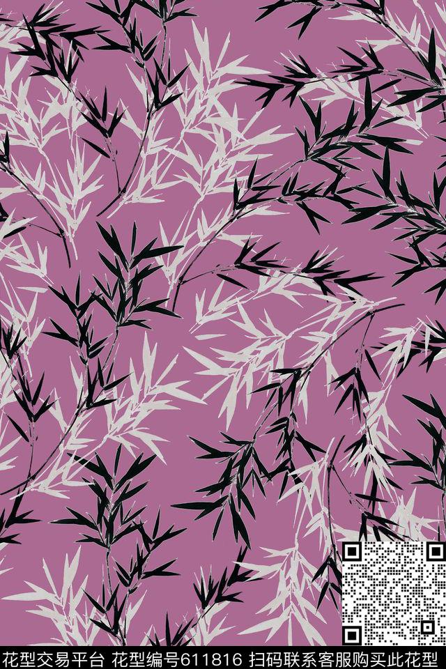 竹子手绘花卉数码印花华亿平台下载（图片编号: 611816） - 瓦栏（Walan）