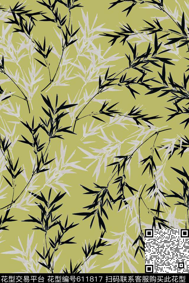 竹子手绘花卉数码印花华亿平台下载（图片编号: 611817） - 瓦栏（Walan）