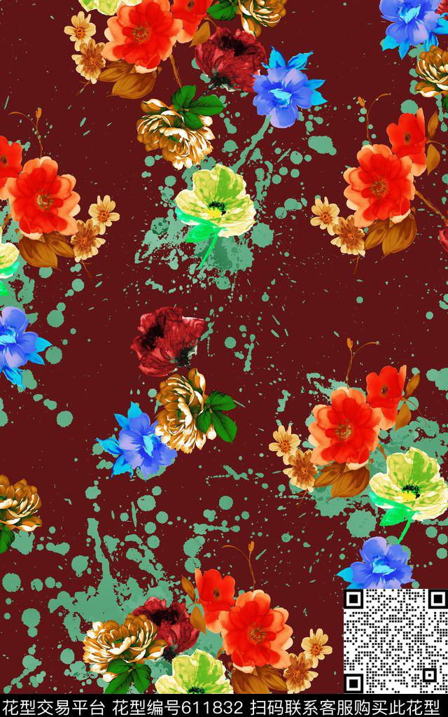 大花花朵波点数码印花华亿平台下载（图片编号: 611832） - 瓦栏（Walan）