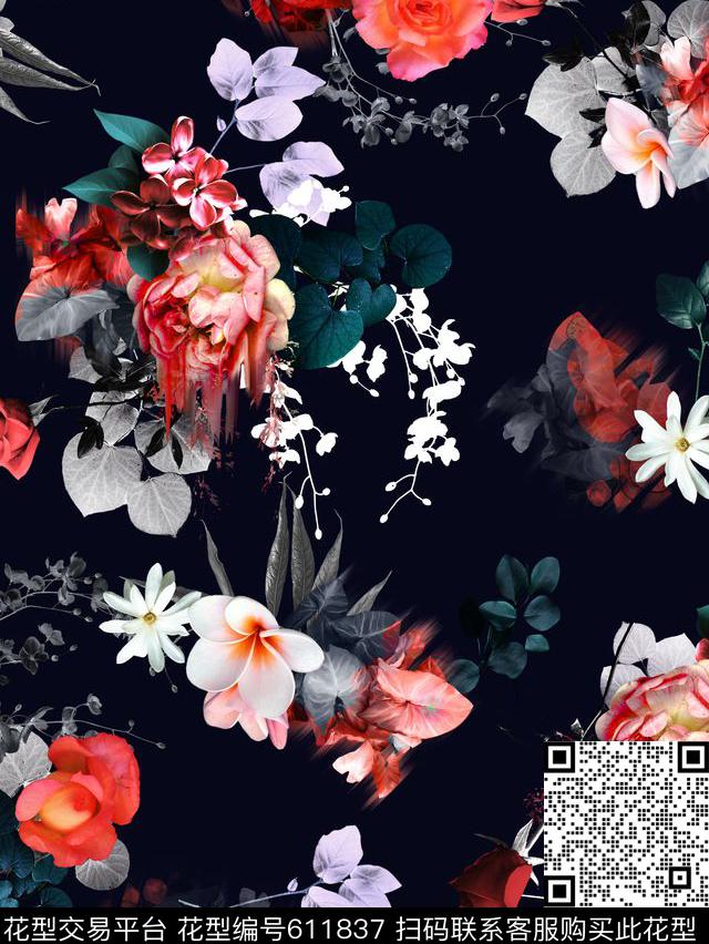 小碎花抽象泼墨女装数码印花华亿平台下载（图片编号: 611837） - 瓦栏（Walan）