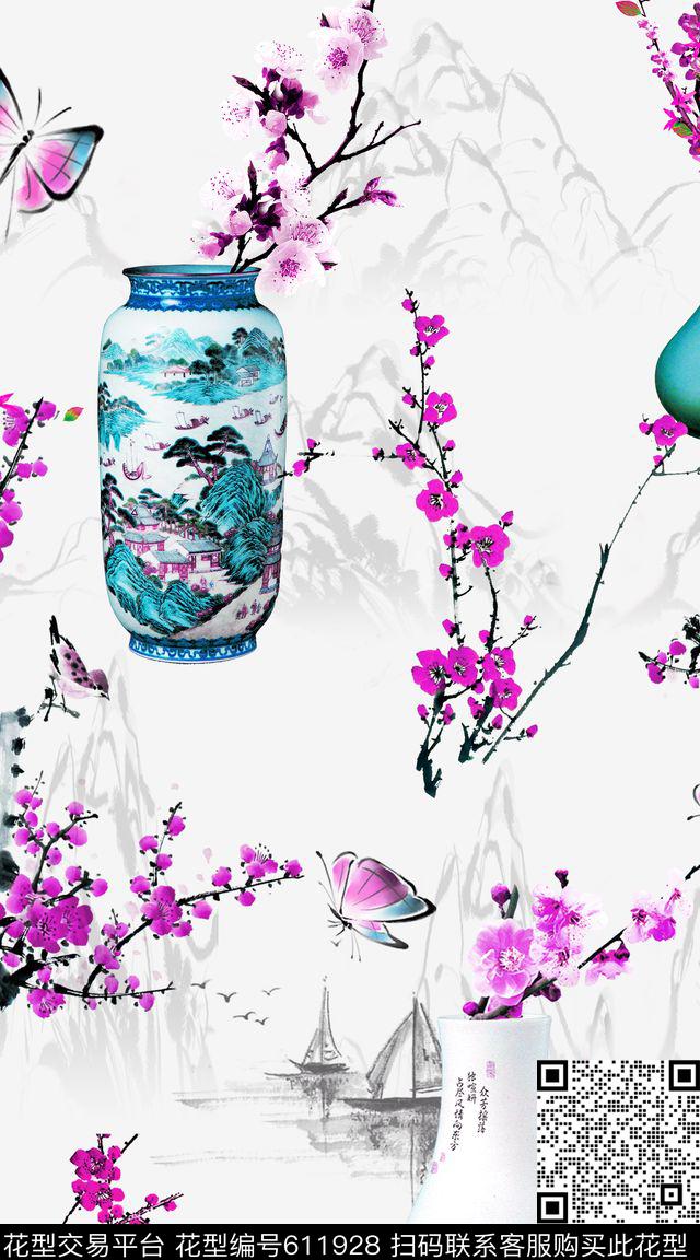花卉梅花青花瓷数码印花华亿平台下载（图片编号: 611928） - 瓦栏（Walan）