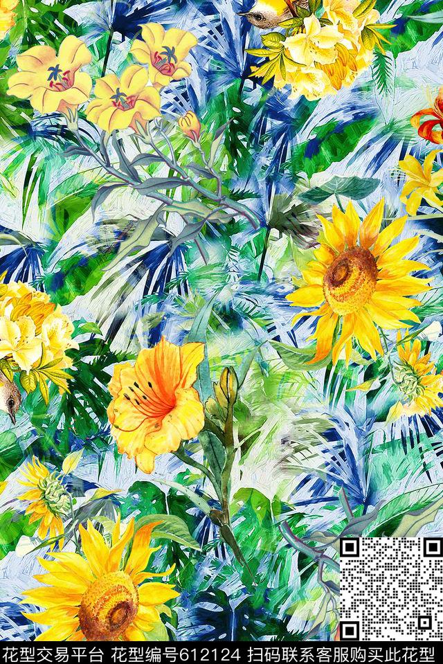 时尚手绘小碎花花卉印花时尚女装裙子印花热带雨林风格印花数码印花华亿平台下载（图片编号: 612124） - 瓦栏（Walan）