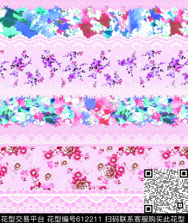 手绘花卉欧美时尚几何数码印花华亿平台下载（图片编号: 612211） - 瓦栏（Walan）