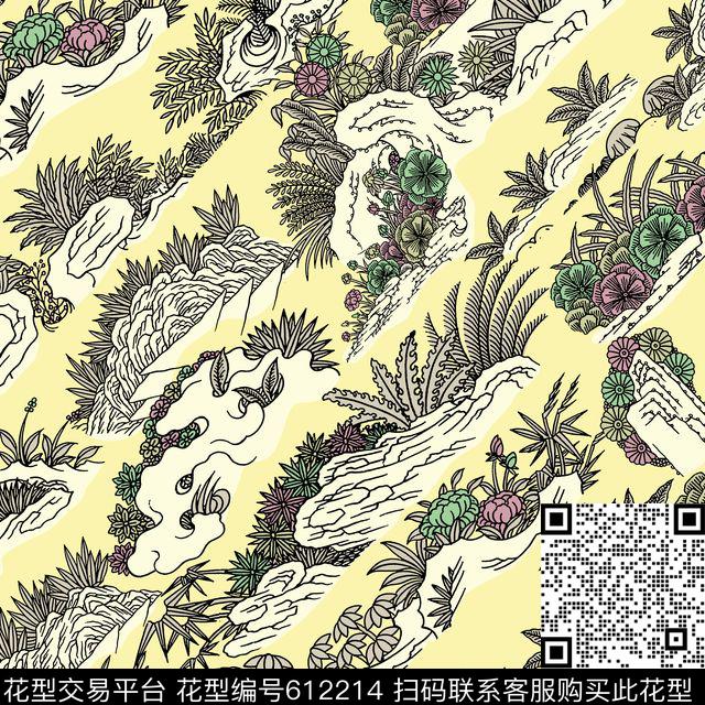假山植物花卉传统印花华亿平台下载（图片编号: 612214） - 瓦栏（Walan）
