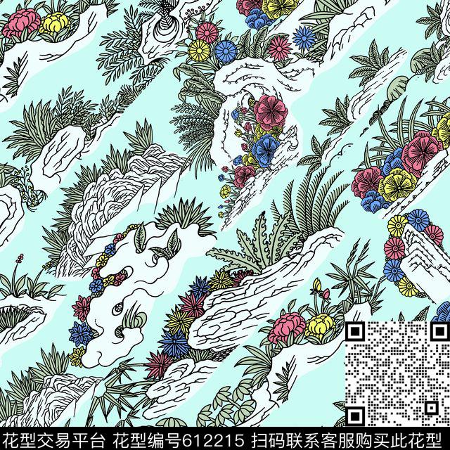 假山植物花卉传统印花华亿平台下载（图片编号: 612215） - 瓦栏（Walan）