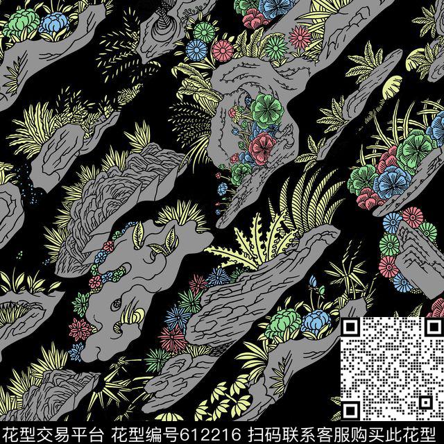 假山植物花卉传统印花华亿平台下载（图片编号: 612216） - 瓦栏（Walan）