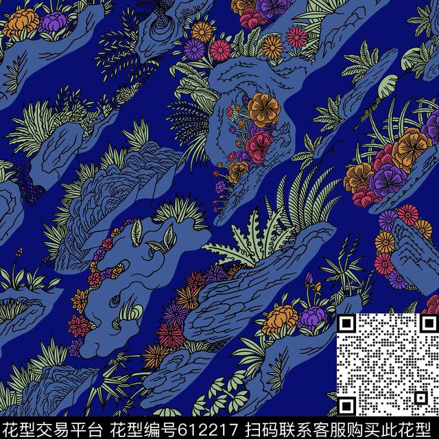 假山植物花卉传统印花华亿平台下载（图片编号: 612217） - 瓦栏（Walan）