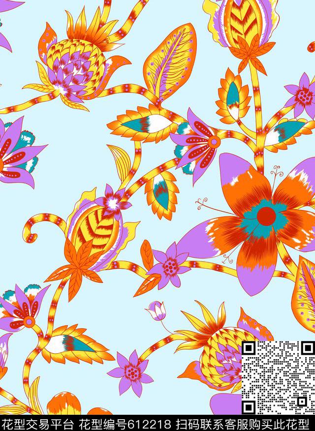 绣球花花鸟小碎花传统印花华亿平台下载（图片编号: 612218） - 瓦栏（Walan）