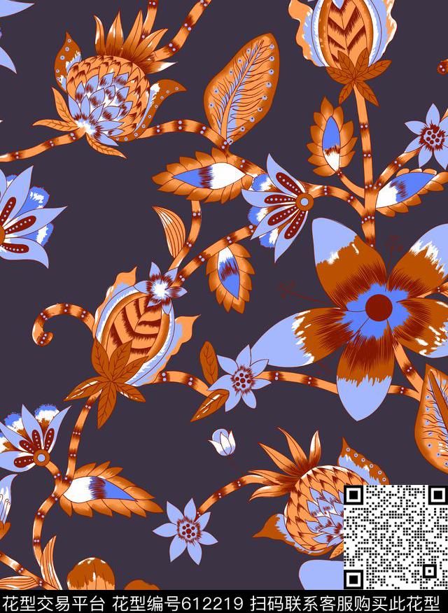 绣球花花鸟小碎花传统印花华亿平台下载（图片编号: 612219） - 瓦栏（Walan）