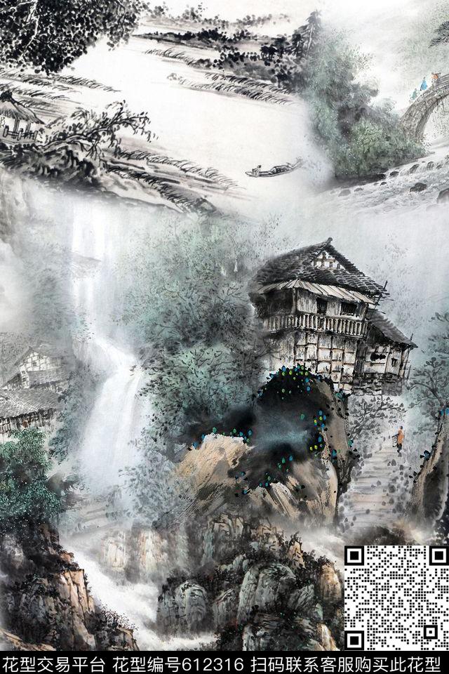 国画山水风景写意绘画数码印花华亿平台下载（图片编号: 612316） - 瓦栏（Walan）