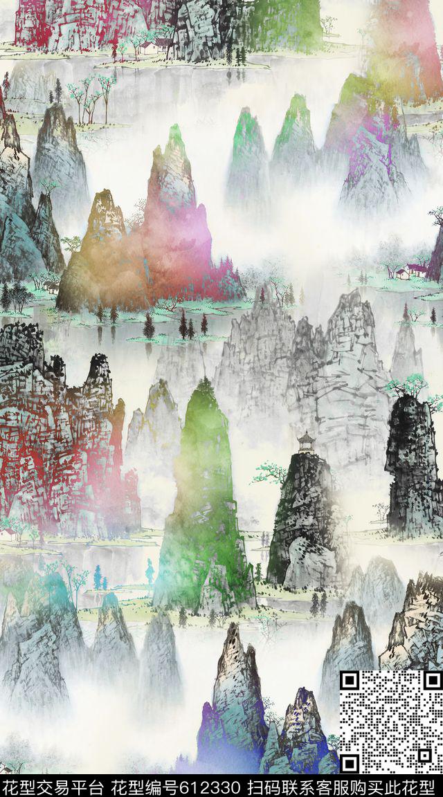 树林山水画中国风数码印花华亿平台下载（图片编号: 612330） - 瓦栏（Walan）