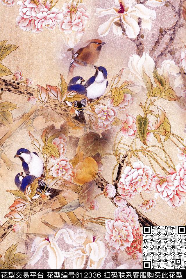 花鸟水墨花卉数码印花华亿平台下载（图片编号: 612336） - 瓦栏（Walan）