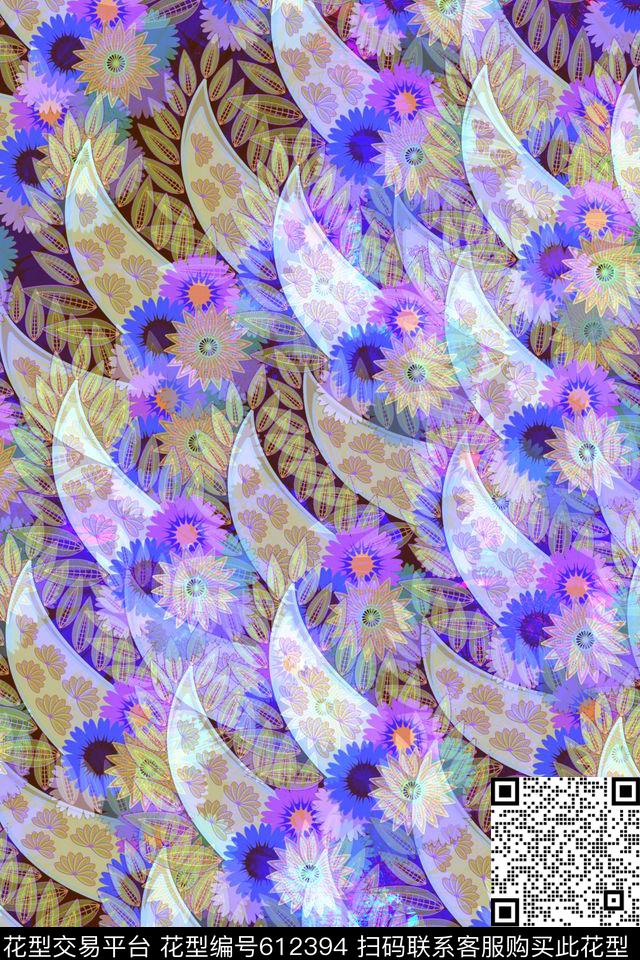 花卉组合装饰叶子数码印花华亿平台下载（图片编号: 612394） - 瓦栏（Walan）