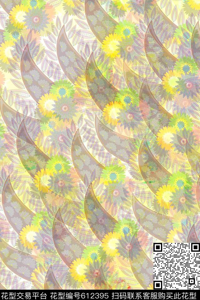 花卉组合装饰叶子数码印花华亿平台下载（图片编号: 612395） - 瓦栏（Walan）