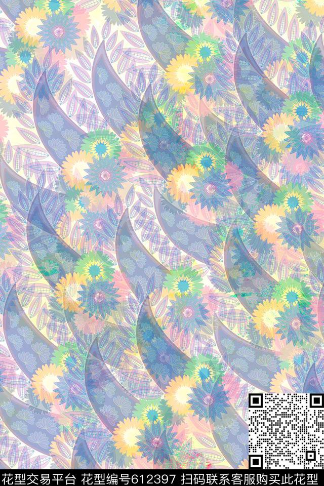 花卉组合装饰叶子数码印花华亿平台下载（图片编号: 612397） - 瓦栏（Walan）