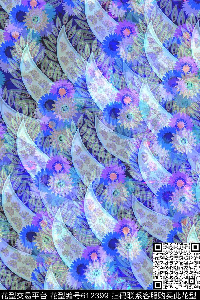 花卉组合装饰叶子数码印花华亿平台下载（图片编号: 612399） - 瓦栏（Walan）