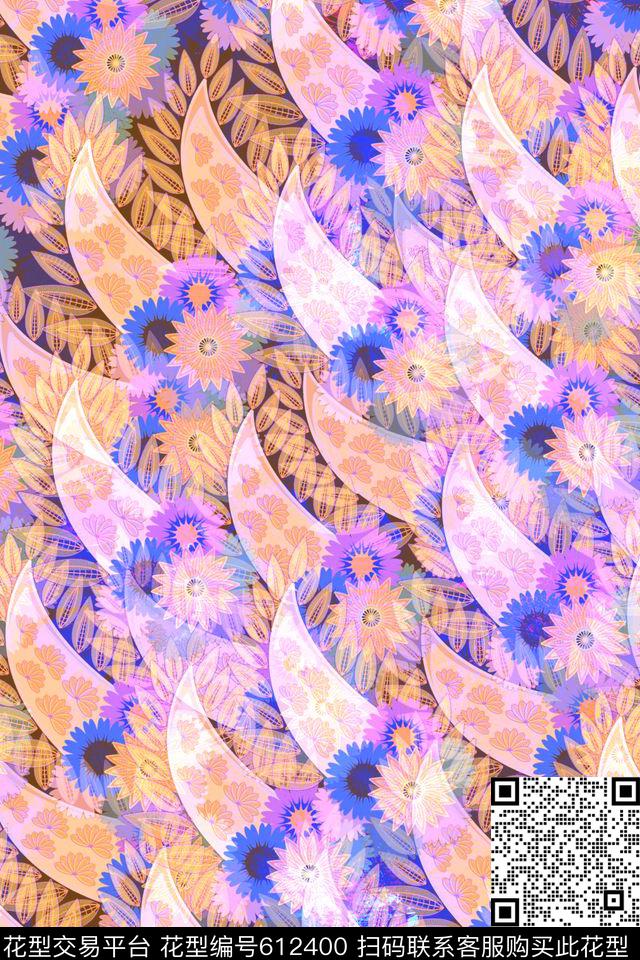 花卉组合装饰叶子数码印花华亿平台下载（图片编号: 612400） - 瓦栏（Walan）