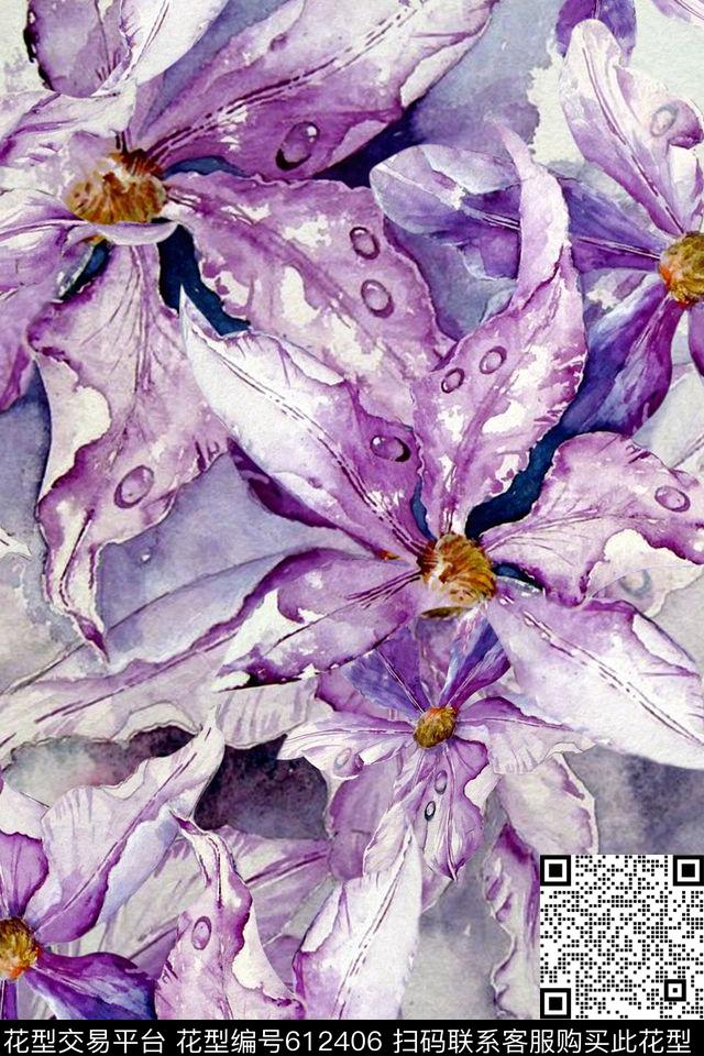 水彩花卉大花数码印花华亿平台下载（图片编号: 612406） - 瓦栏（Walan）