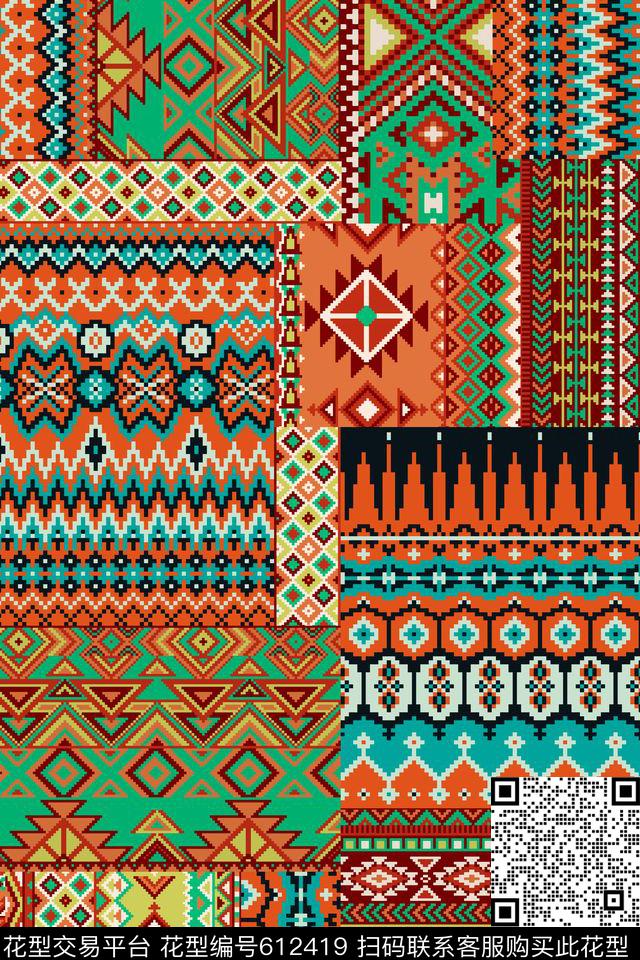民族风部落花纹拼接传统印花华亿平台下载（图片编号: 612419） - 瓦栏（Walan）