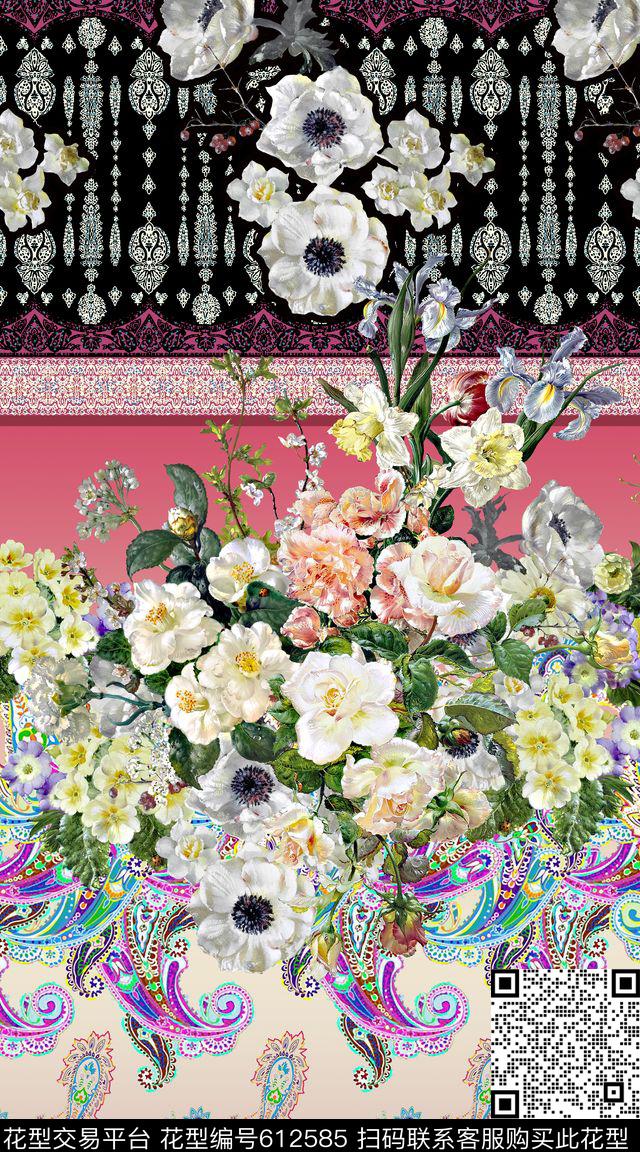 佩斯利欧式花卉定位数码印花华亿平台下载（图片编号: 612585） - 瓦栏（Walan）
