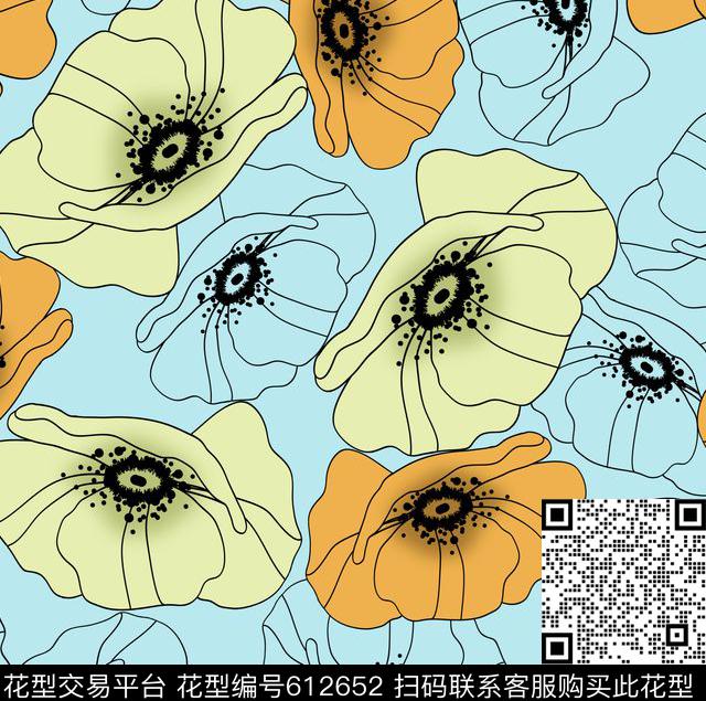 手绘线条大南瓜花华亿平台2017年春夏女装裙装华亿平台抽象线条彩绘花卉传统印花华亿平台下载（图片编号: 612652） - 瓦栏（Walan）