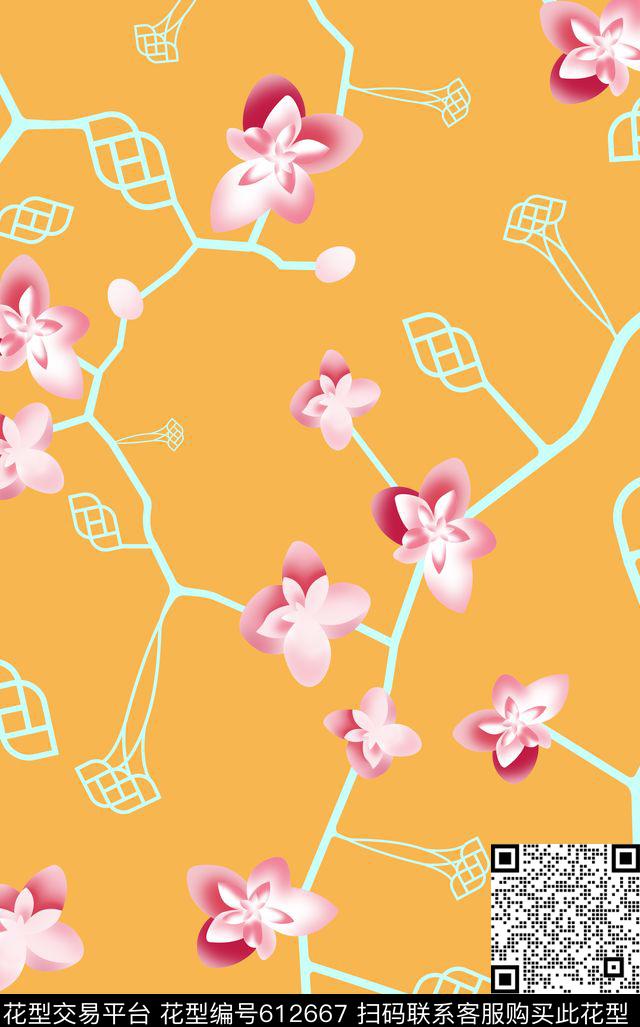 手绘线条花卉渐变华亿平台2017年春夏女装华亿平台传统印花华亿平台下载（图片编号: 612667） - 瓦栏（Walan）
