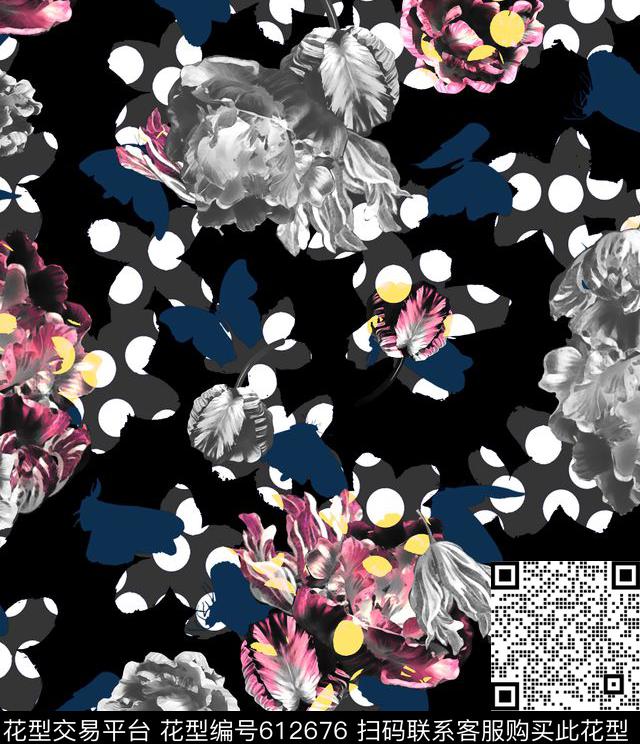 手绘花卉大圆点复古花卉传统印花华亿平台下载（图片编号: 612676） - 瓦栏（Walan）