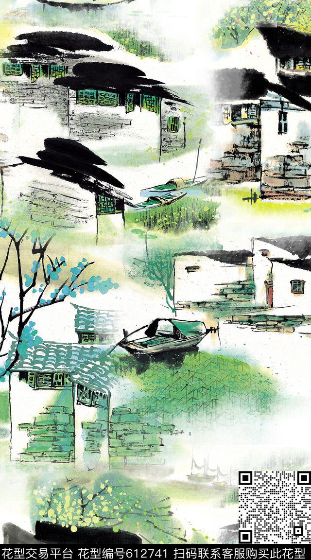 民族风中国风水墨画数码印花华亿平台下载（图片编号: 612741） - 瓦栏（Walan）